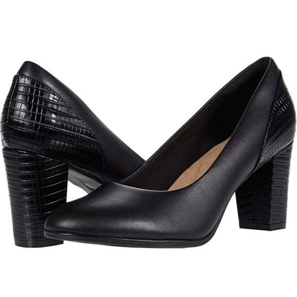 CLARKS (Worn Once!) Women's Alayna Ray Pumps Black Leather Block Heels, Size 8.5 - Picture 1 of 11